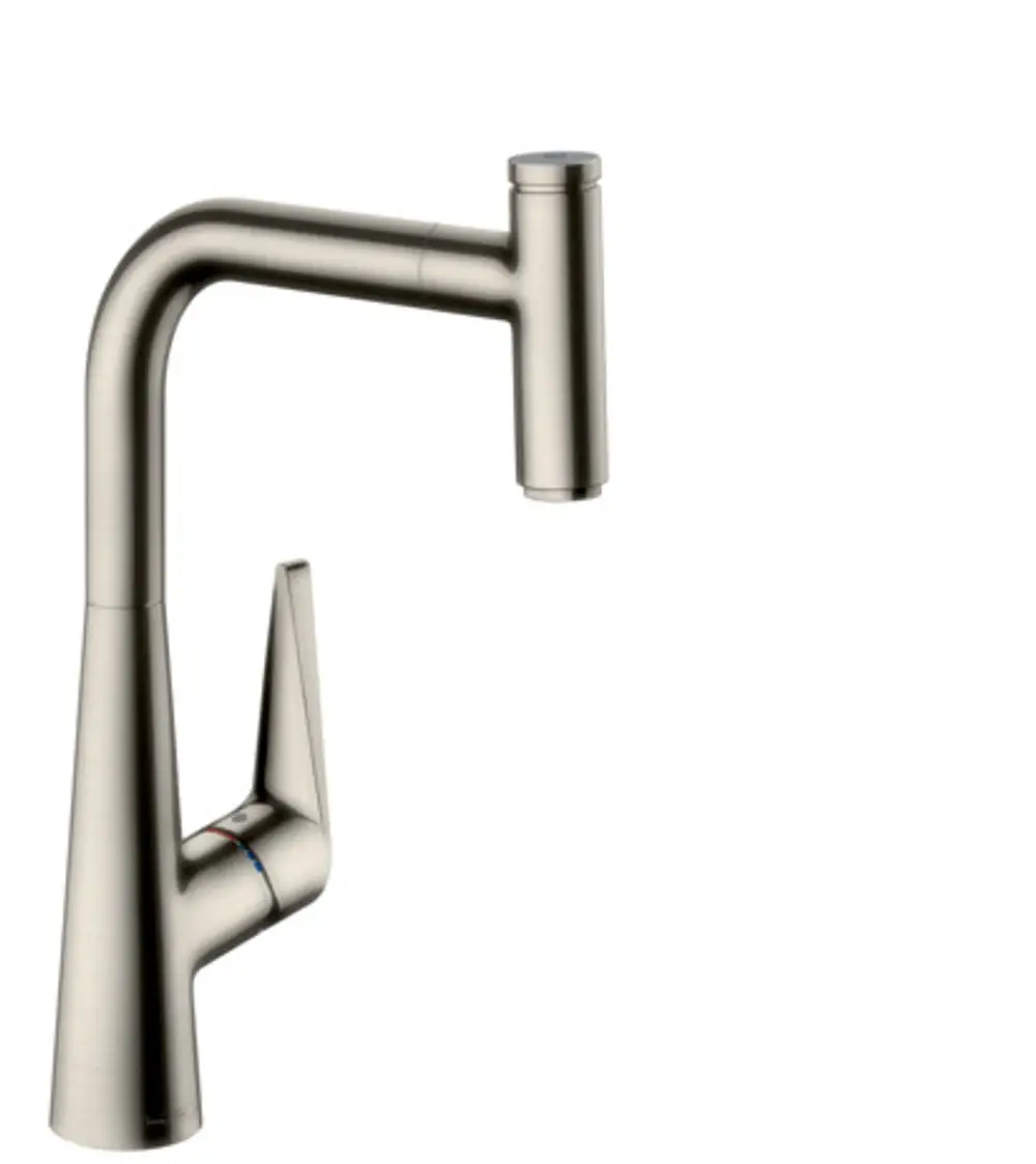 Edelstahl-finish Hansgrohe-Spültischmischer mit hohem Auslauf und Drehfunktion, geeignet für die Montage an Küchenspülen.